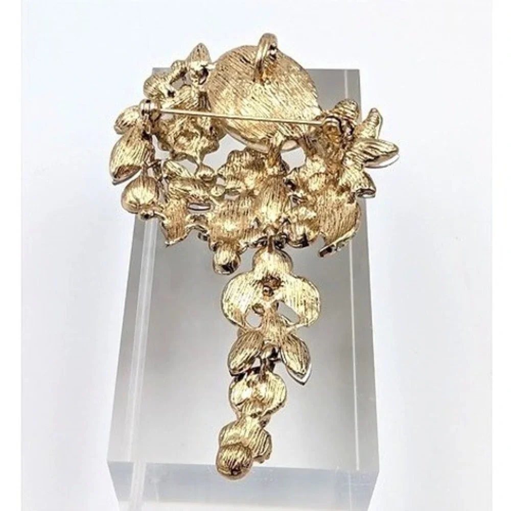 Botanical Rhinestone Brooch Pendant‎ Gold Tone Large Floral Garden Fairy Spring
